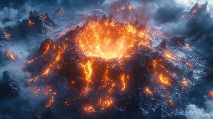 prehistoric game landscape from 10,000 BC, volcanoes and lava. dramatic land with active volcanoes and lava flows. Game will showcase the spewing of molten lava and ash that results in lavic stones.