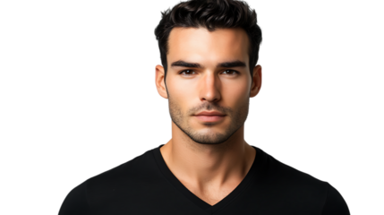 Portrait of serious young man in black shirt on white background