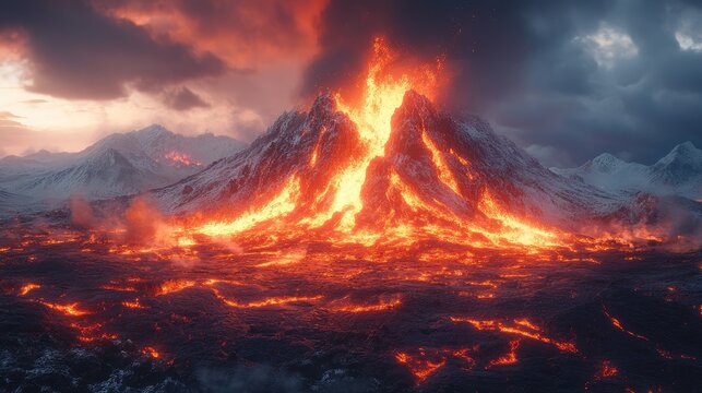 A game setting of landscape from 10,000 BC with volcanoes and lava. Risky dramatic land due to active or inactive volcanoes and lava flows. Features lavic stones spewing out of molten lava and ash.