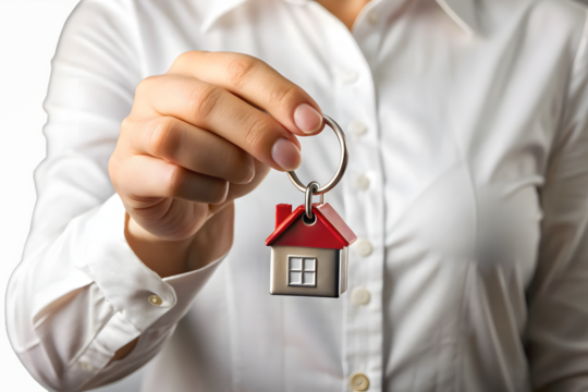 A woman in a white shirt holds a houseshaped keychain with a red roof, symbolizing home ownership isolated on transparent background