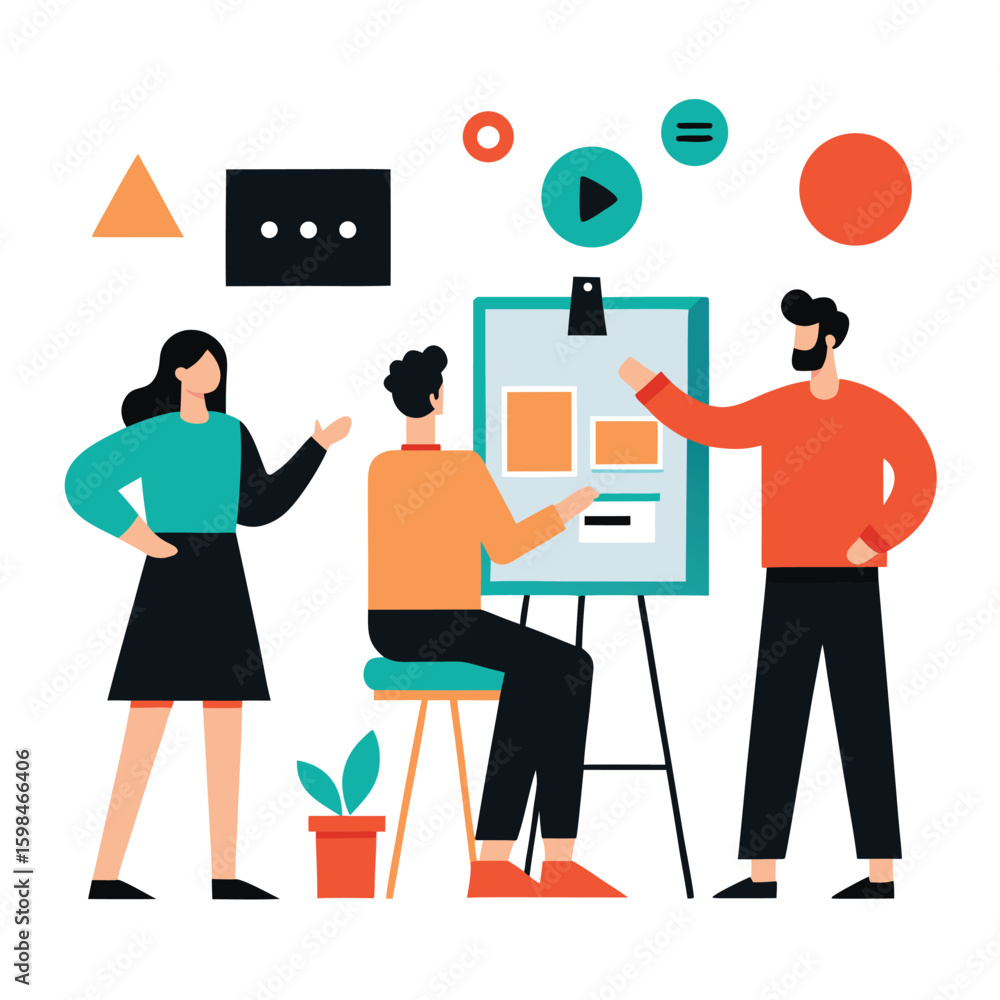 Poster team brainstorming and mood board creation for branding workshop isolated on white background