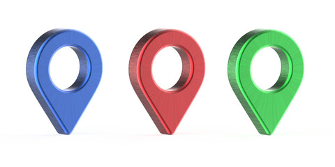 Brushed metal location pin in three colors .