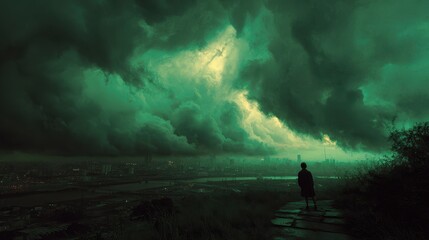 Fototapeta premium Overlooking a Cityscape Beneath Ominous Skies: A solitary figure gazes out at an urban landscape shadowed by dramatic, green-tinged clouds.
