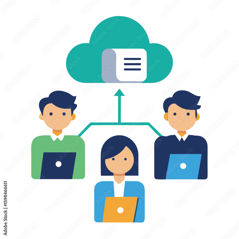 Poster diverse business team collaborating on remote file sharing isolated on white background
