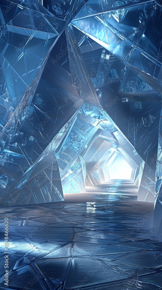 Poster an illusionary ice tunnel with walls formed by triangular ice shards leading to a mysterious frozen 