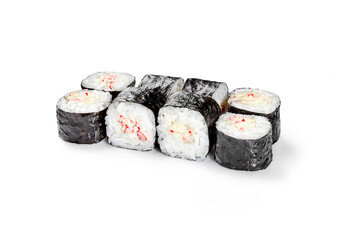Sushi rolls with crab meat and mayonnaise filling on white background