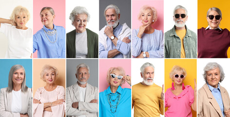 Senior men and women on different colors backgrounds, collage of portraits