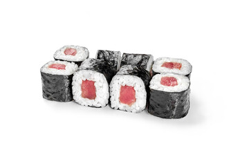 Hosomaki tuna sushi rolls with nori seaweed showing red filling on white background