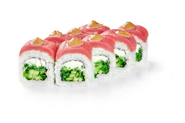 Delicious tuna uramaki sushi rolls with cucumber and cream cheese filling