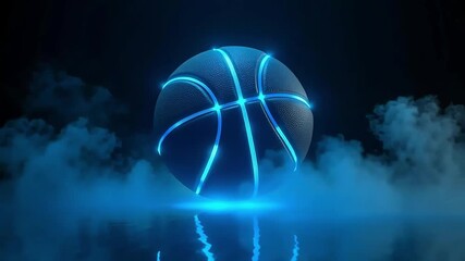 A basketball with glowing blue lines floating above a reflective surface in a dark setting - Powered by Adobe