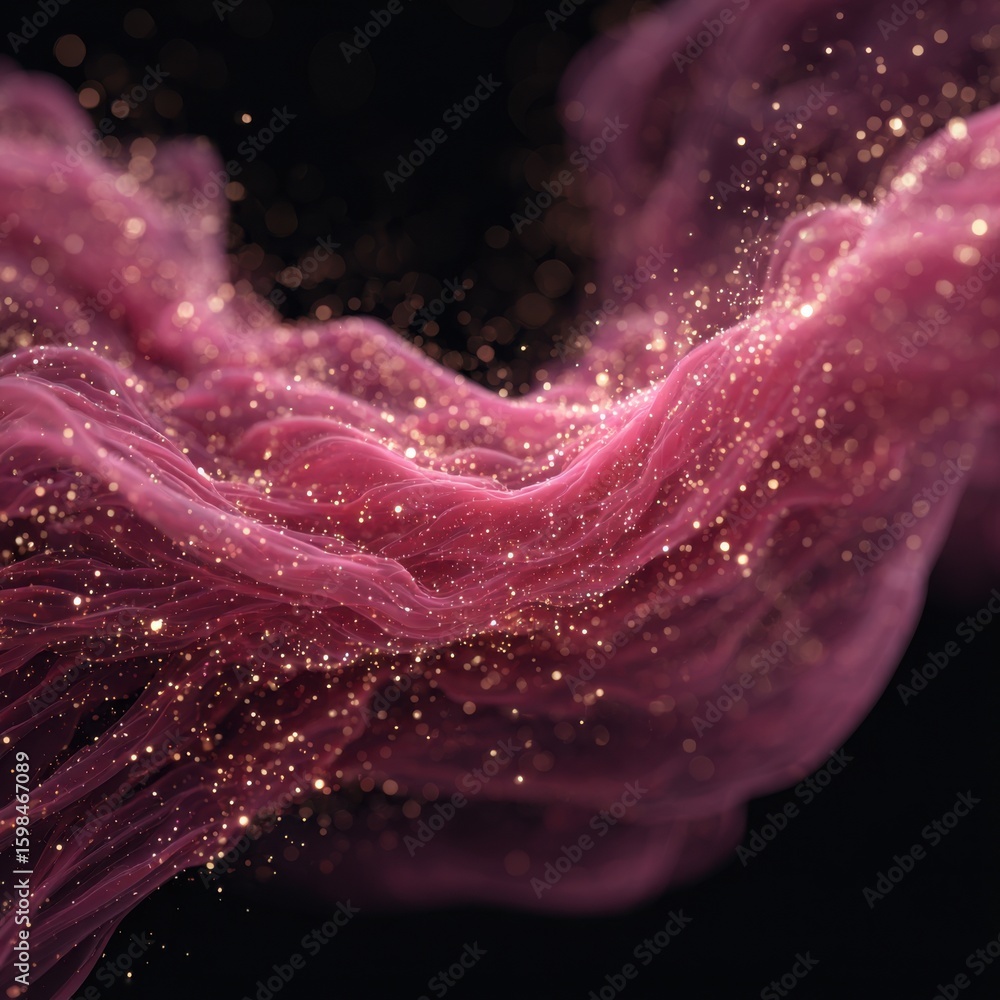 Poster soft pink waves swirl gracefully across a dark background, adorned with tiny sparkling particles tha