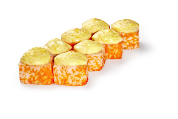 Delicious tobiko sushi rolls covered with mayonnaise sauce forming a diagonal line on a white background
