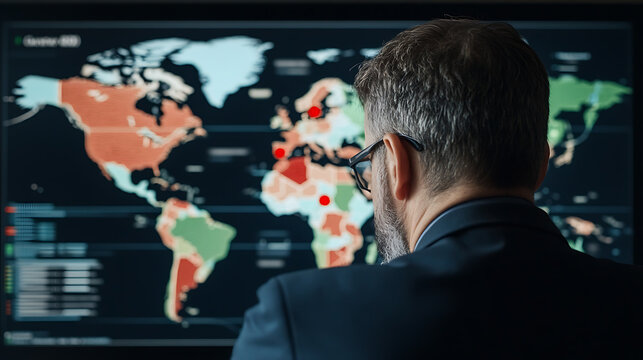 Analyzing global trends on digital map. Data visualization and strategic planning concept. Focus on information for decision-making. - Powered by Adobe
