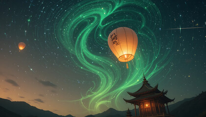 A glowing lantern floats above a pagoda with a swirling green aurora in a starry night sky