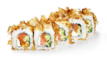 Delicious bonito flakes sushi rolls with salmon, cucumber and cream cheese filling on white...