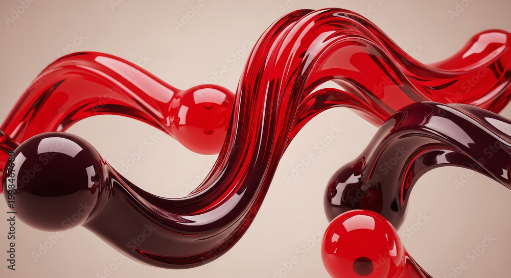 Poster abstract red and dark red flowing shapes with glossy reflections on neutral background