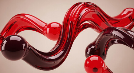 Abstract red and dark red flowing shapes with glossy reflections on neutral background
