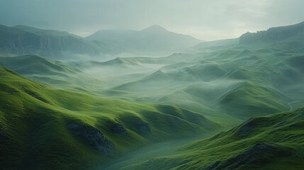 Misty mountain valley, lush green hills