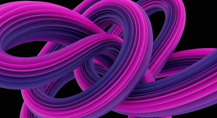 Abstract 3D rendering of flowing, colorful, and intertwined ribbons against black