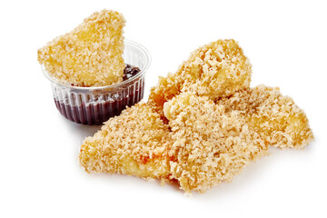 Breaded fried camembert cheese wedges with cranberry sauce dipping