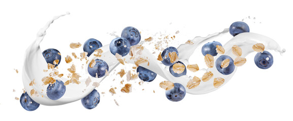 Oat flakes with fresh blueberries and milk splash flying on white background