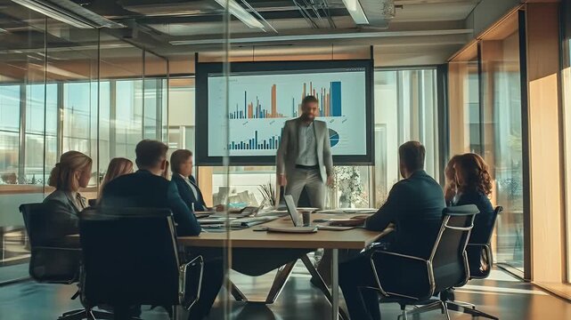 Professionals convene in a modern conference room with glass walls and display charts
