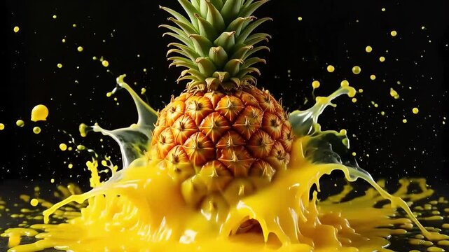 A pineapple with green leaves and yellow juice splashing around it on a black background studio shot