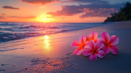 Pink plumeria flowers on beach at sunset
