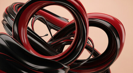 Abstract flowing red and black ribbons with a glossy, reflective surface