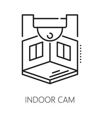 Indoor camera home security electronics line icon or emblem. House alarm technology line vector icon, safety equipment outline sign. Home security electronics symbol or pictogram with indoor camera