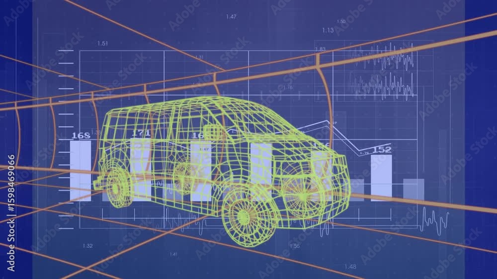 Poster wireframe minivan model appearing then white bars emerging and updating values for live analytics