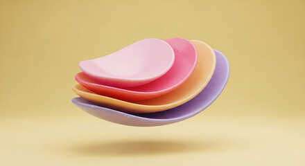 Abstract stack of colorful pastel plates against a soft yellow background