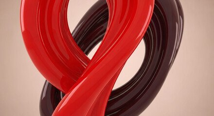 Abstract glossy red and black ribbons intertwined on a neutral background