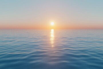 A still and peaceful ocean at dawn, where the sun peeks over the horizon, casting soft orange and blue gradients across the sky. The water is glass-like, reflecting the serene morning light perfectly.