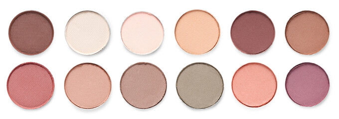 Eyeshadow in different colors on white background, set. Palette of cosmetic product