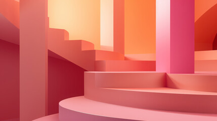Surreal pink and orange staircase architecture with soft lighting