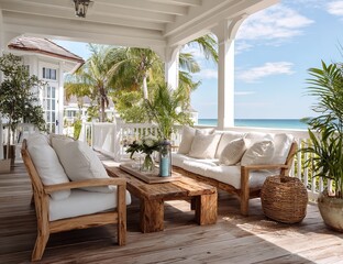 Fototapeta premium Coastal Porch with Wooden and White Outdoor Furniture, Tropical Plants, and Elegant Beach House Decor in Natural Light