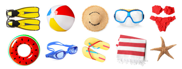 Different stylish beach accessories and starfish on white background, collage