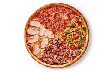 Delicious pizza showing four different topping combinations on white background