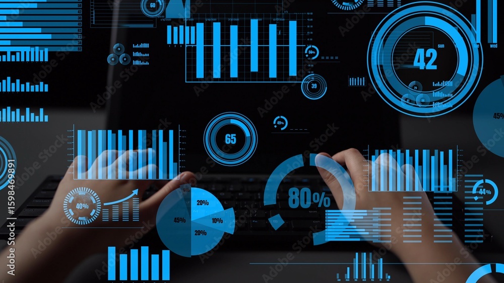 Poster a close-up view of hands typing on a keyboard surrounded by futuristic data charts and graphs, symbo