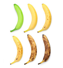 Banana fruits of different ripening stages on white background, collage. Top view