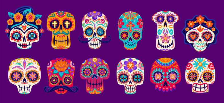 Mexican calavera skulls. Dia De Los Muertos day of dead holiday sugar skulls. Cartoon vector decorated calaca craniums with floral pattern. Traditional Mexico festival symbolic for Death celebration