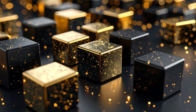 Abstract black and gold cubes with glittering particles