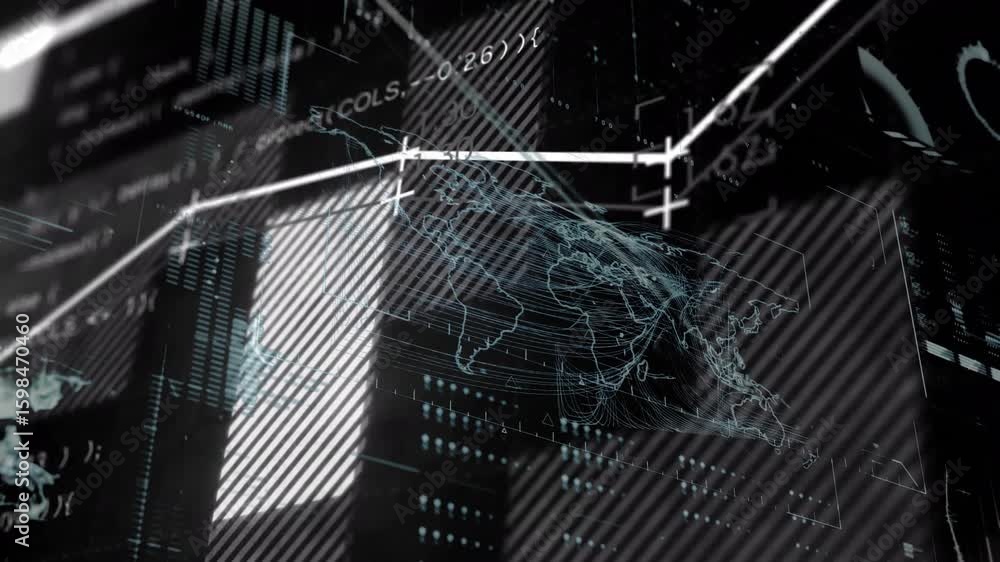 Poster glowing world map initiating data visualization, rising graph, sliding band, scrolling code