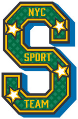 Varsity sport patch label of college team players or university league, vector emblem. Varsity patch of letter S with stars and NYC or New York sign for rugby, soccer football or baseball sport club