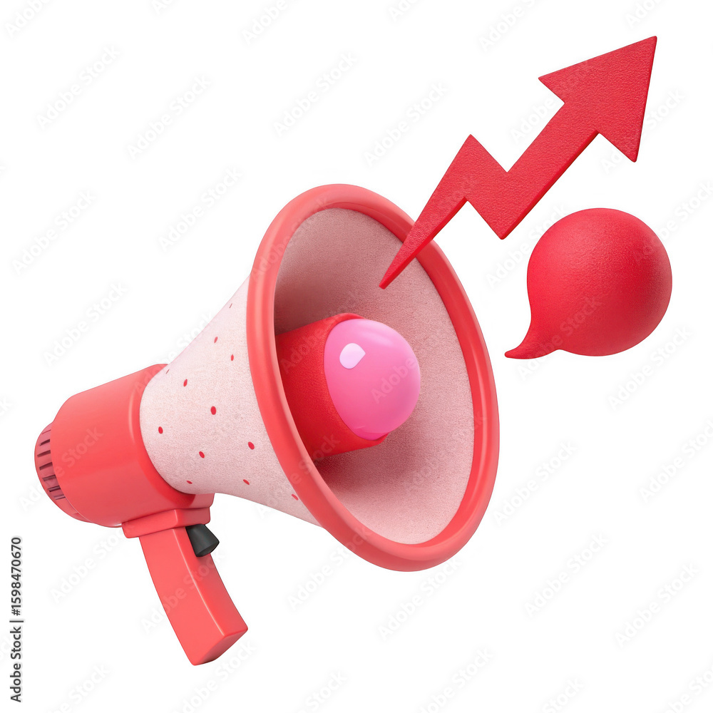Poster 3d megaphone with upward arrow and speech bubble isolated on transparent background