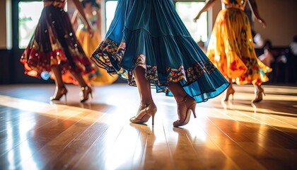 Salsa Dancers in Colorful Dresses Swirling on Polished Wooden Floor with Warm Lighting