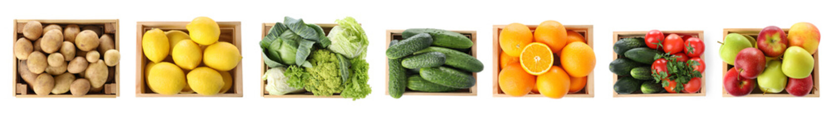 Many fresh ripe fruits and vegetables in wooden crates isolated on white, collage. Top view