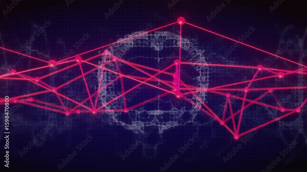 Poster Subtle pulses animating magenta nodes oscillating around wireframe brain visualizing neural signals