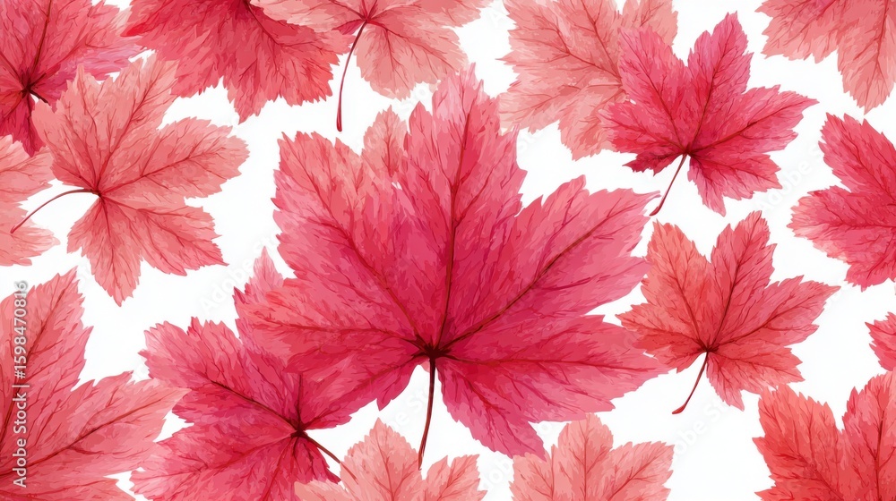 Poster a collection of bright red maple leaves is scattered across a white background. the array captures t